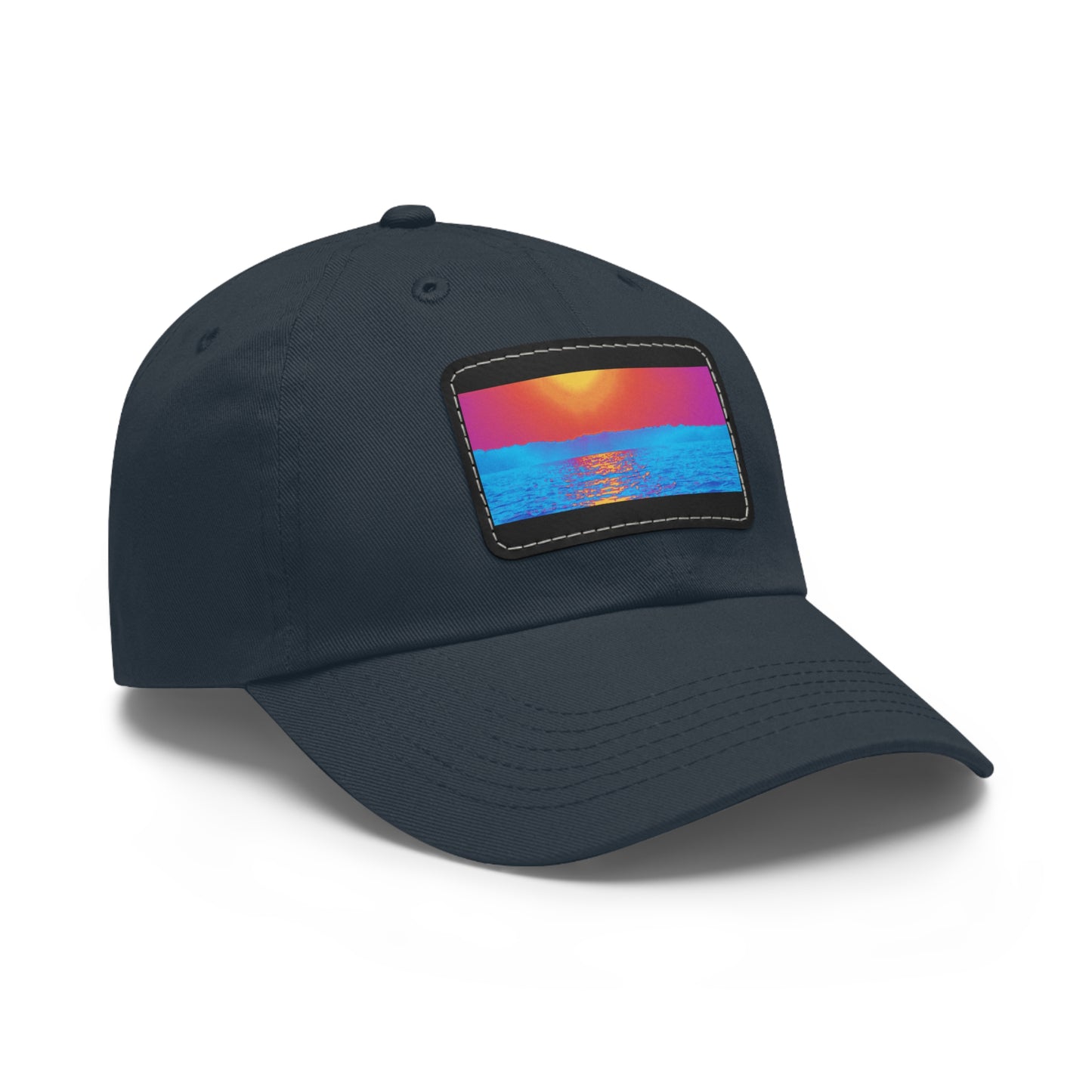 Sunset Ocean Leather Patch Dad Hat — Retro Vaporwave Beach Cap