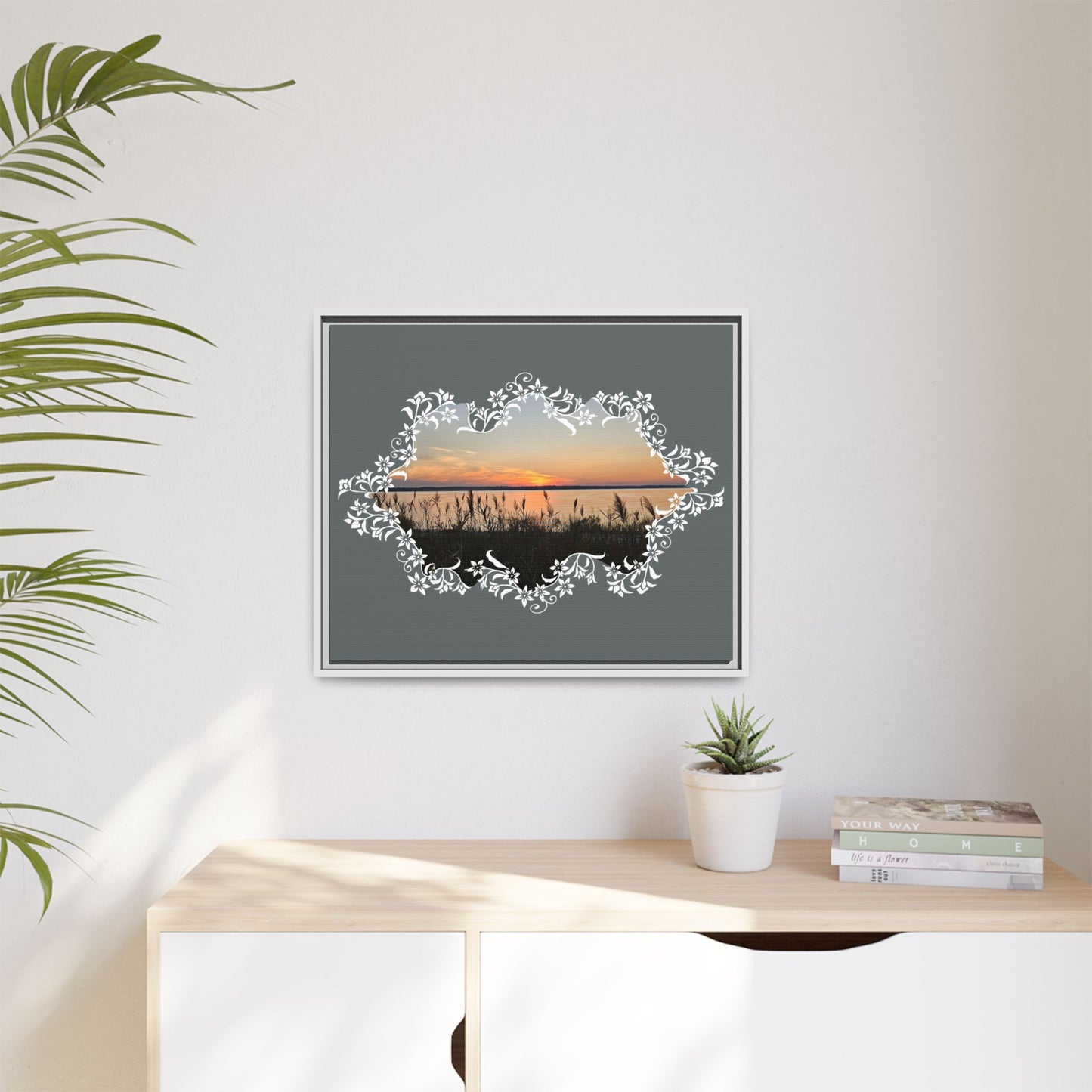 "Wild Youth" Framed Matte Canvas - Sunrise Marsh with Ornate White Floral Frame