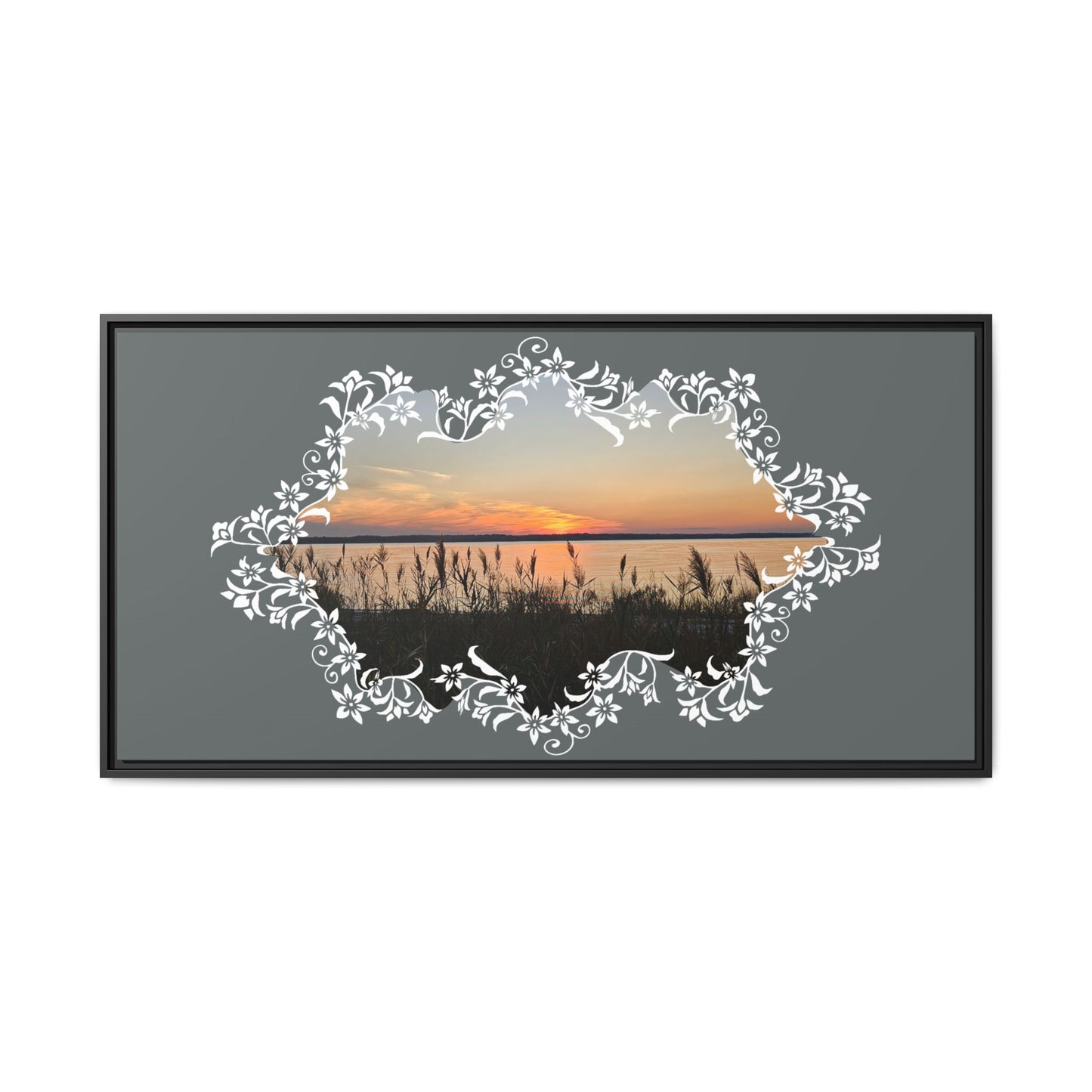"Wild Youth" Framed Matte Canvas - Sunrise Marsh with Ornate White Floral Frame