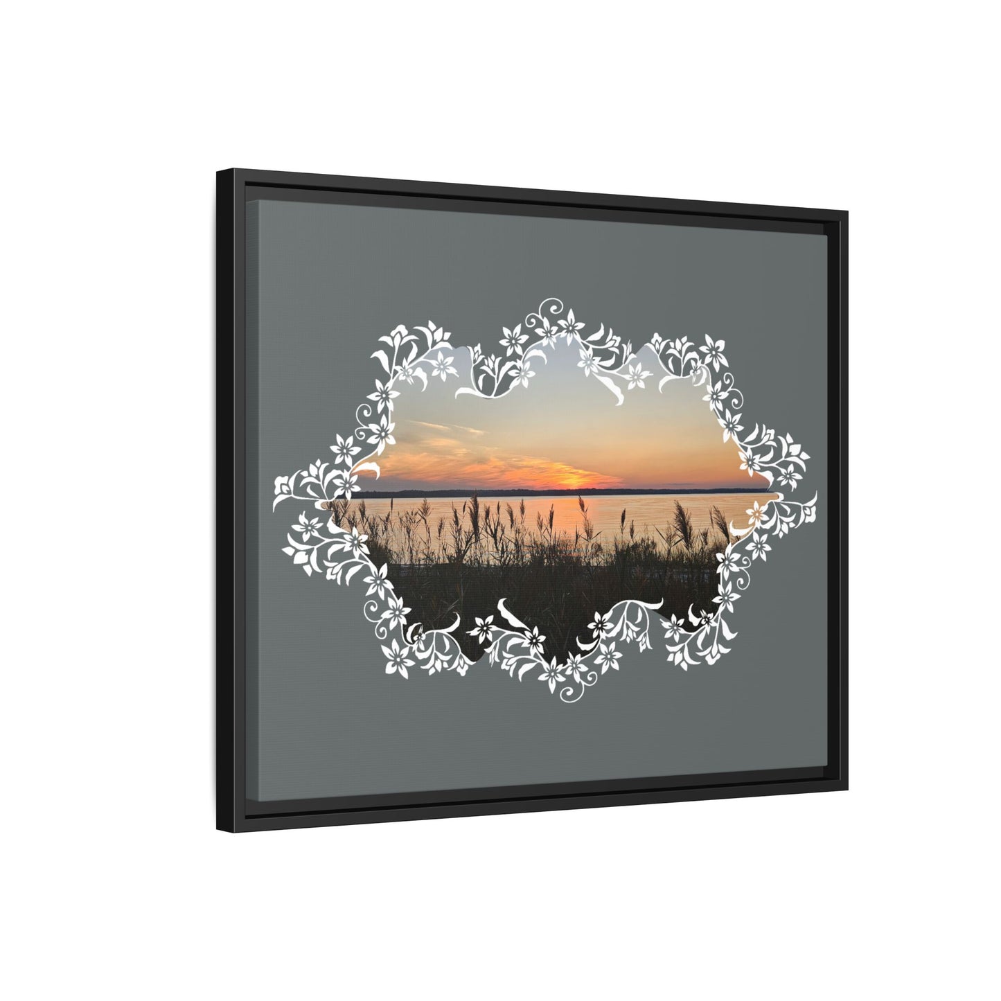 "Wild Youth" Framed Matte Canvas - Sunrise Marsh with Ornate White Floral Frame