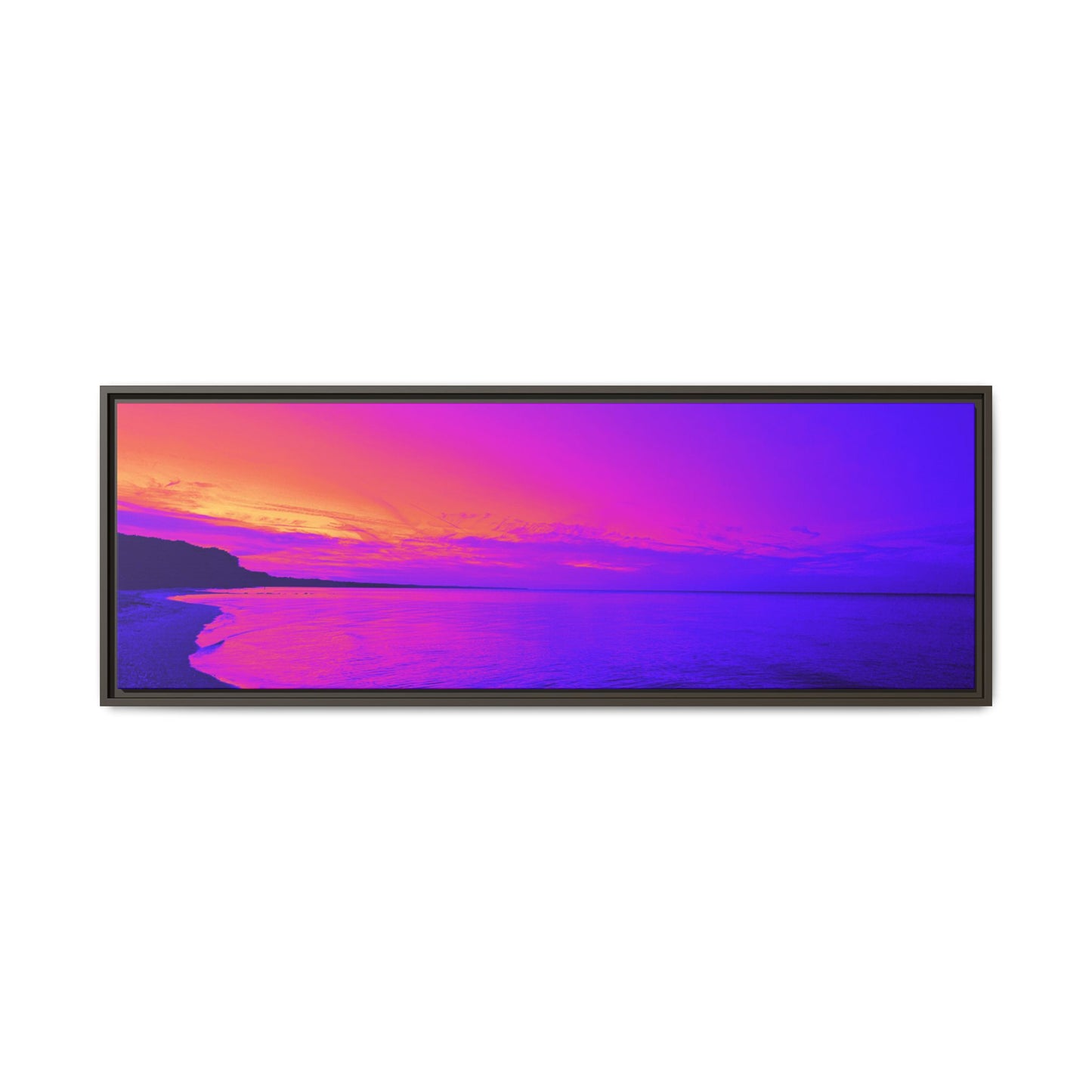 "Lavishing Symmetry" Sunset Shore Matte Canvas Framed Wall Art — Vibrant Purple & Pink Beach Landscape