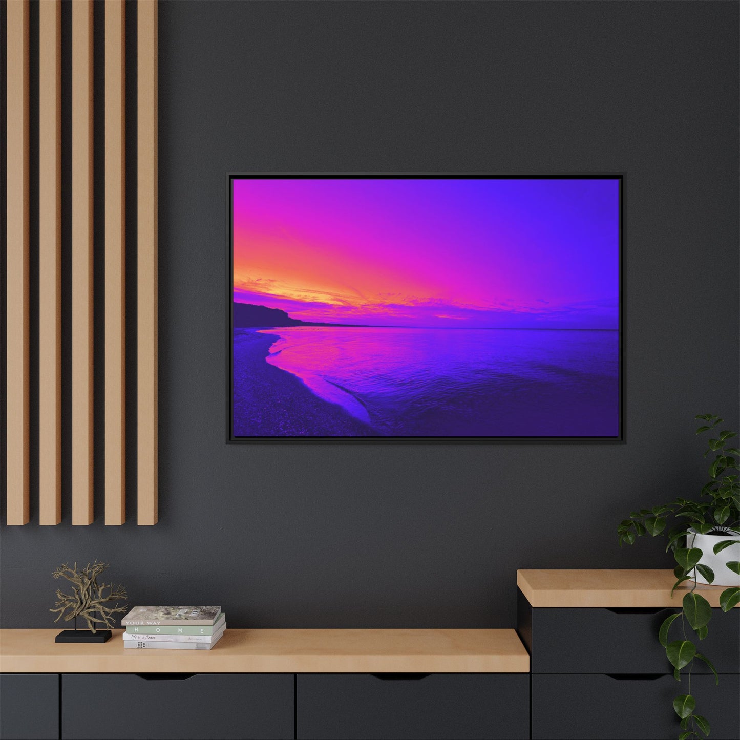 "Lavishing Symmetry" Sunset Shore Matte Canvas Framed Wall Art — Vibrant Purple & Pink Beach Landscape