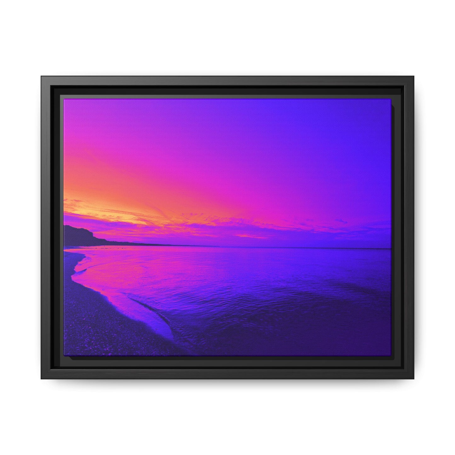 "Lavishing Symmetry" Sunset Shore Matte Canvas Framed Wall Art — Vibrant Purple & Pink Beach Landscape