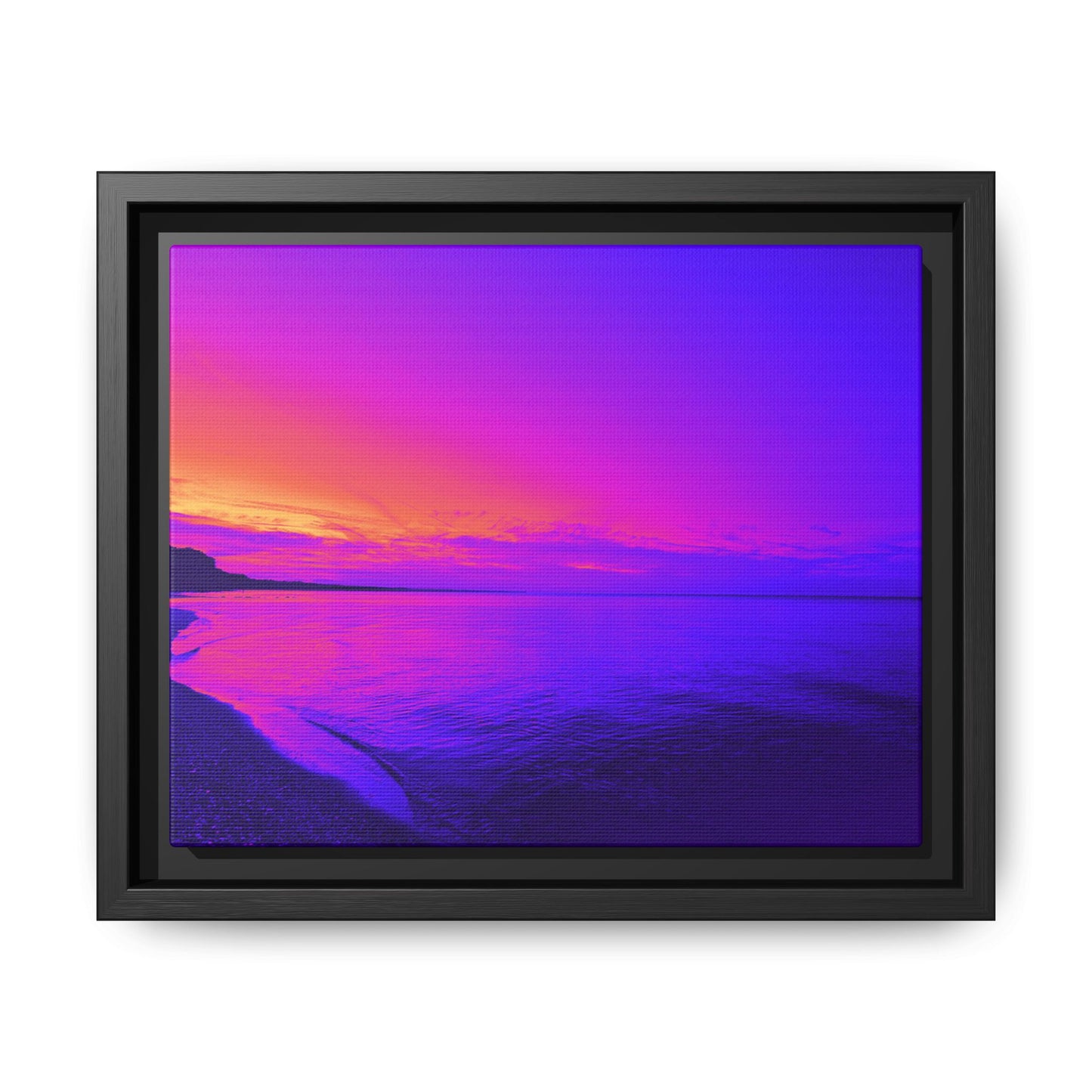 "Lavishing Symmetry" Sunset Shore Matte Canvas Framed Wall Art — Vibrant Purple & Pink Beach Landscape