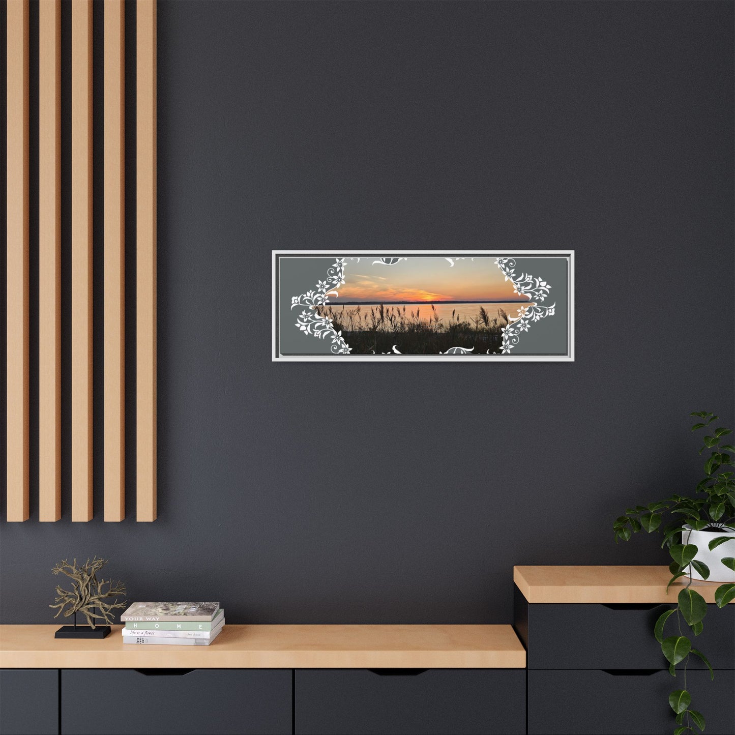 "Wild Youth" Framed Matte Canvas - Sunrise Marsh with Ornate White Floral Frame