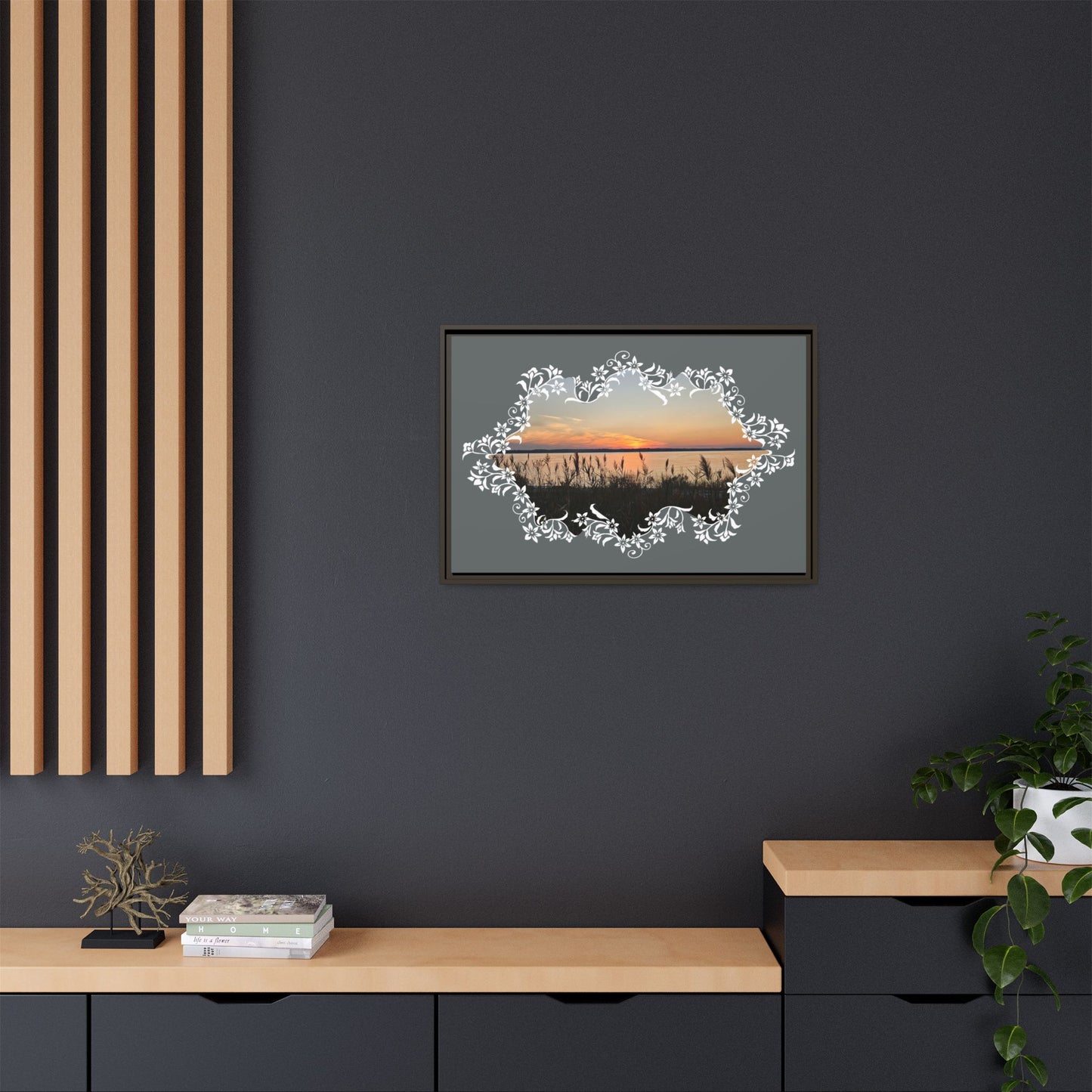 "Wild Youth" Framed Matte Canvas - Sunrise Marsh with Ornate White Floral Frame