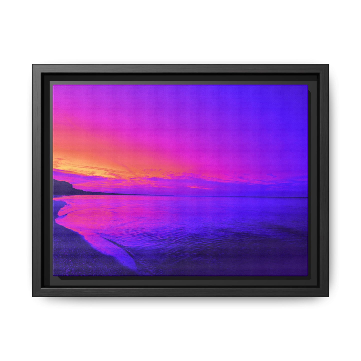 "Lavishing Symmetry" Sunset Shore Matte Canvas Framed Wall Art — Vibrant Purple & Pink Beach Landscape