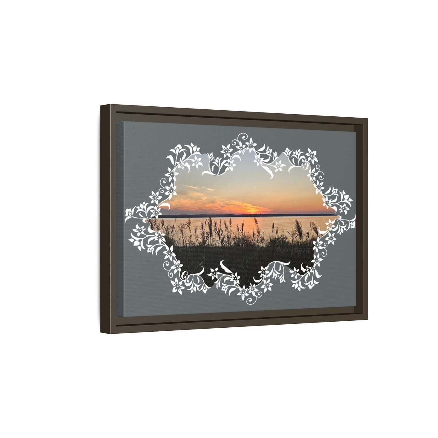 "Wild Youth" Framed Matte Canvas - Sunrise Marsh with Ornate White Floral Frame