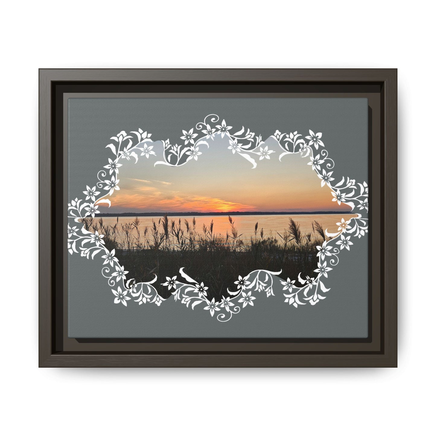 "Wild Youth" Framed Matte Canvas - Sunrise Marsh with Ornate White Floral Frame
