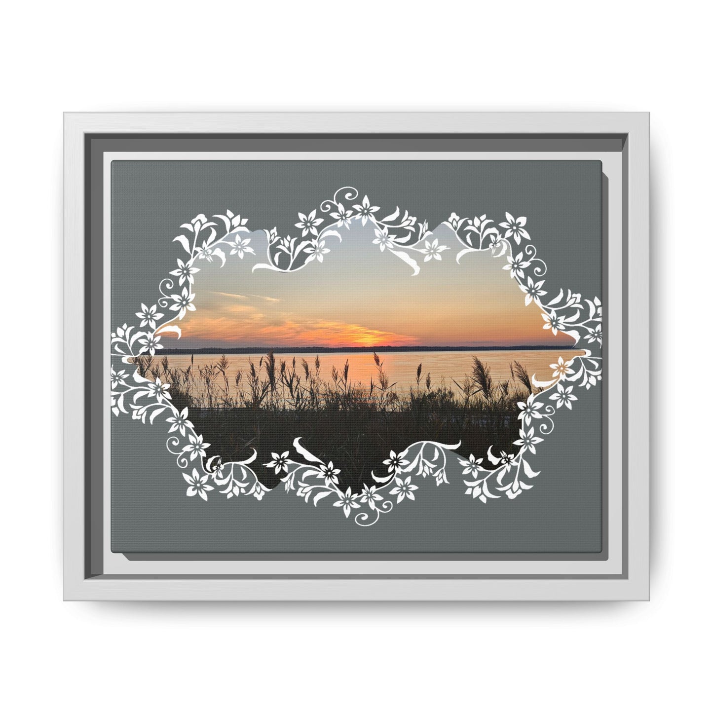 "Wild Youth" Framed Matte Canvas - Sunrise Marsh with Ornate White Floral Frame