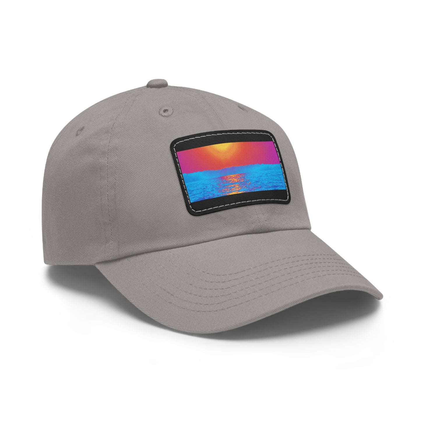 Sunset Ocean Leather Patch Dad Hat — Retro Vaporwave Beach Cap