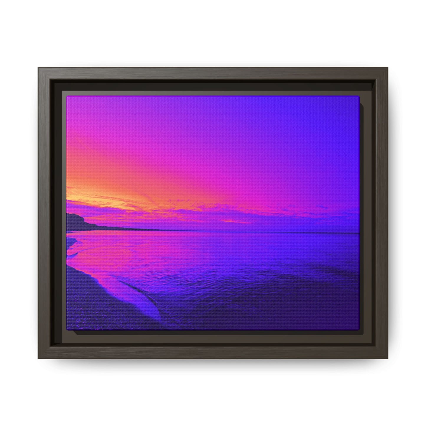 "Lavishing Symmetry" Sunset Shore Matte Canvas Framed Wall Art — Vibrant Purple & Pink Beach Landscape