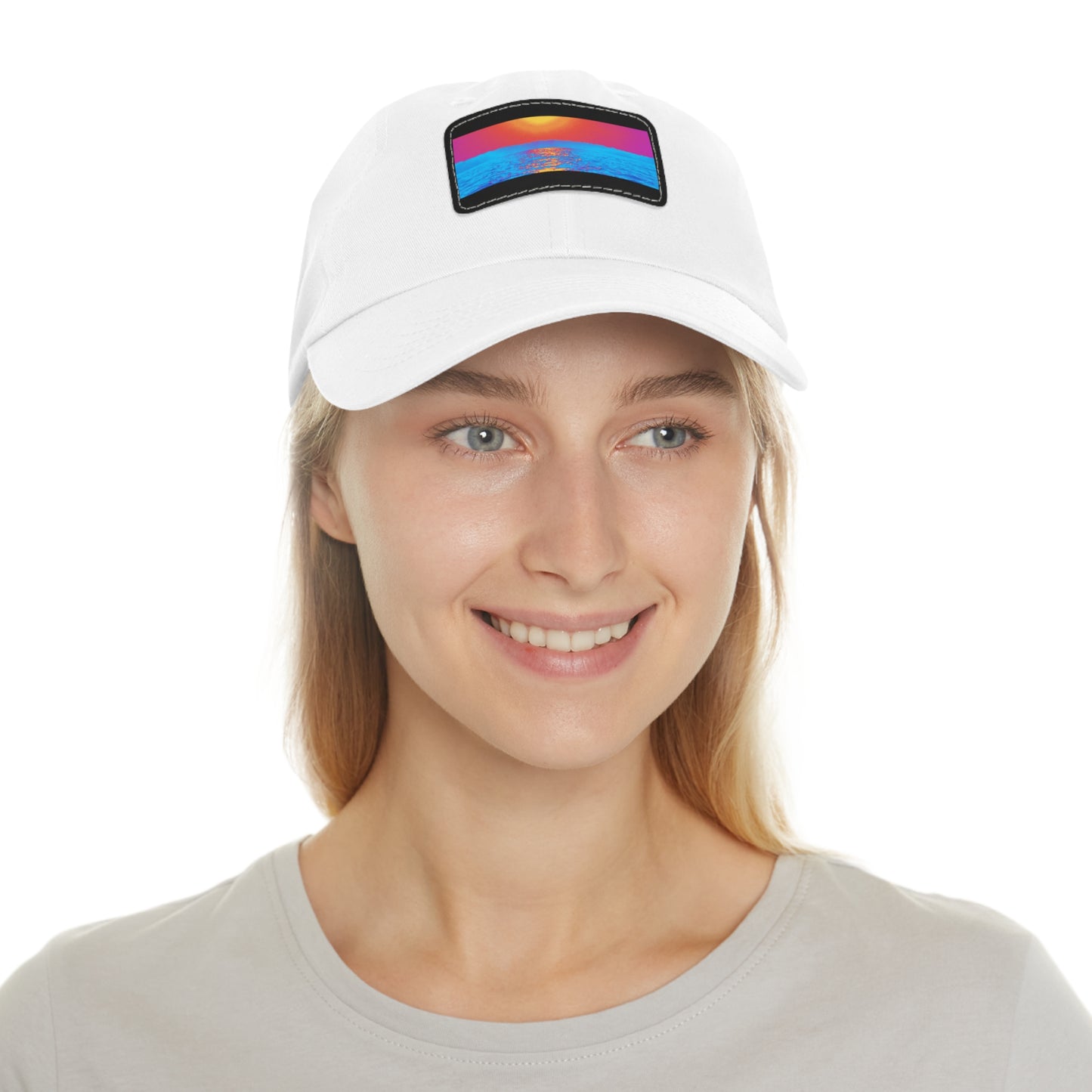Sunset Ocean Leather Patch Dad Hat — Retro Vaporwave Beach Cap