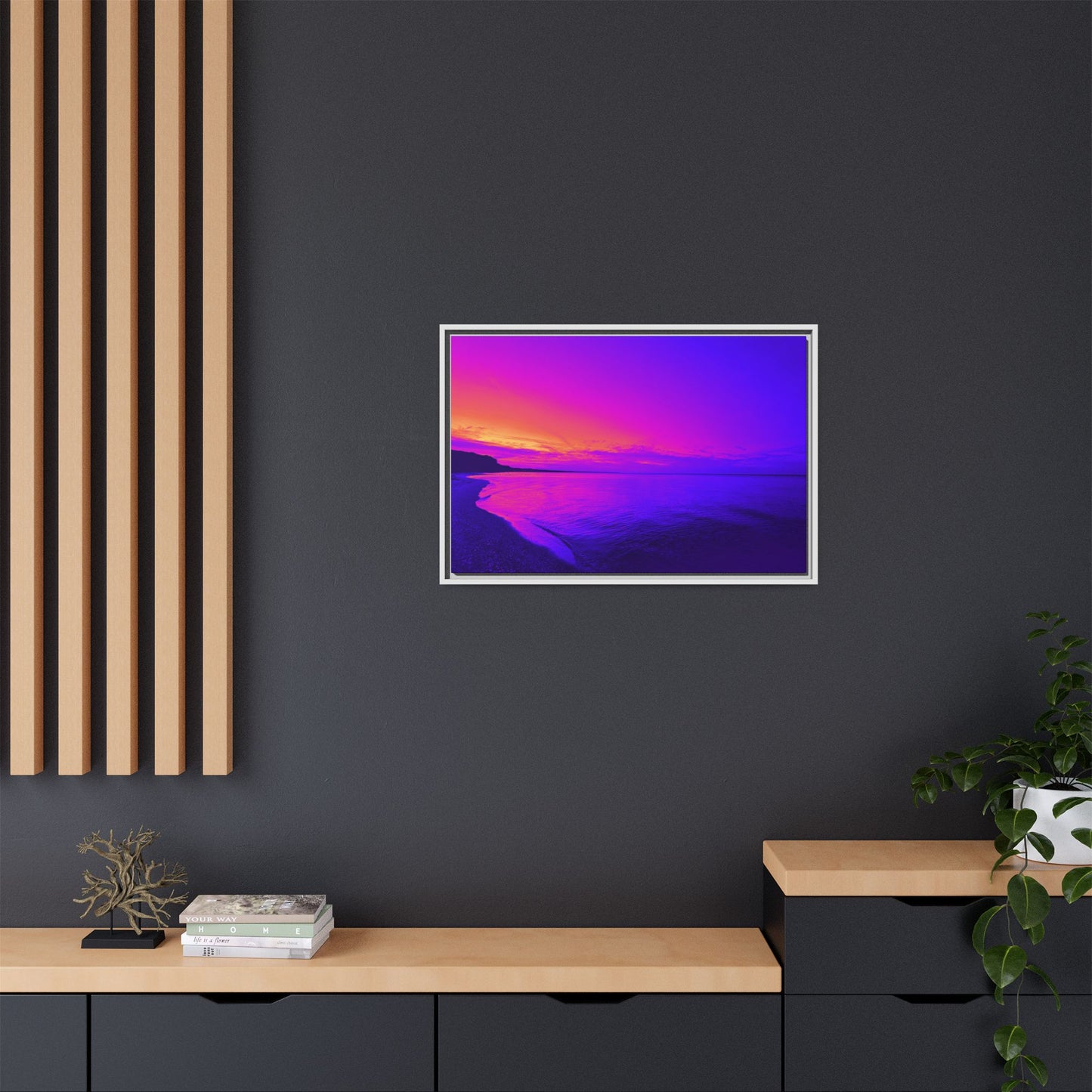 "Lavishing Symmetry" Sunset Shore Matte Canvas Framed Wall Art — Vibrant Purple & Pink Beach Landscape