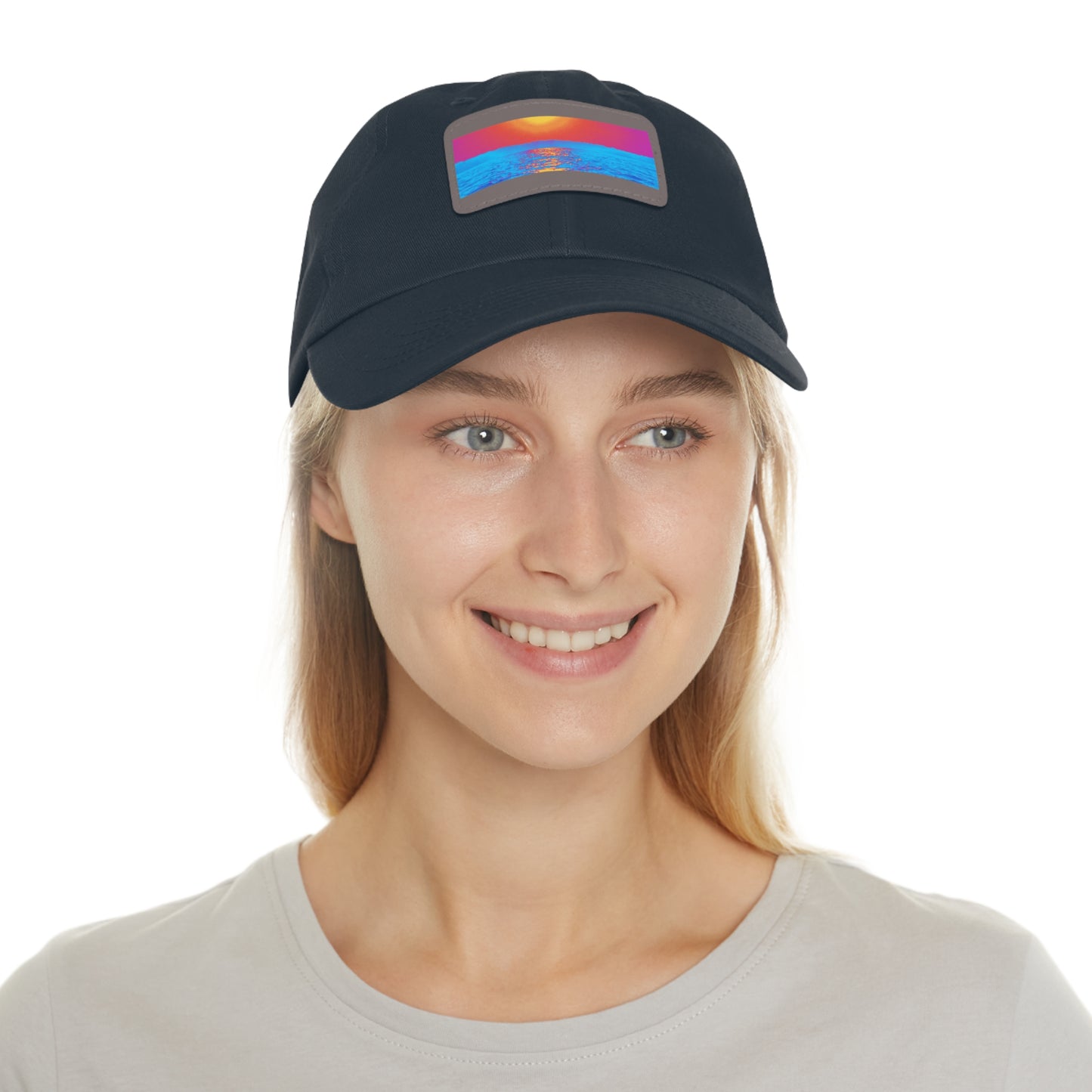 Sunset Ocean Leather Patch Dad Hat — Retro Vaporwave Beach Cap