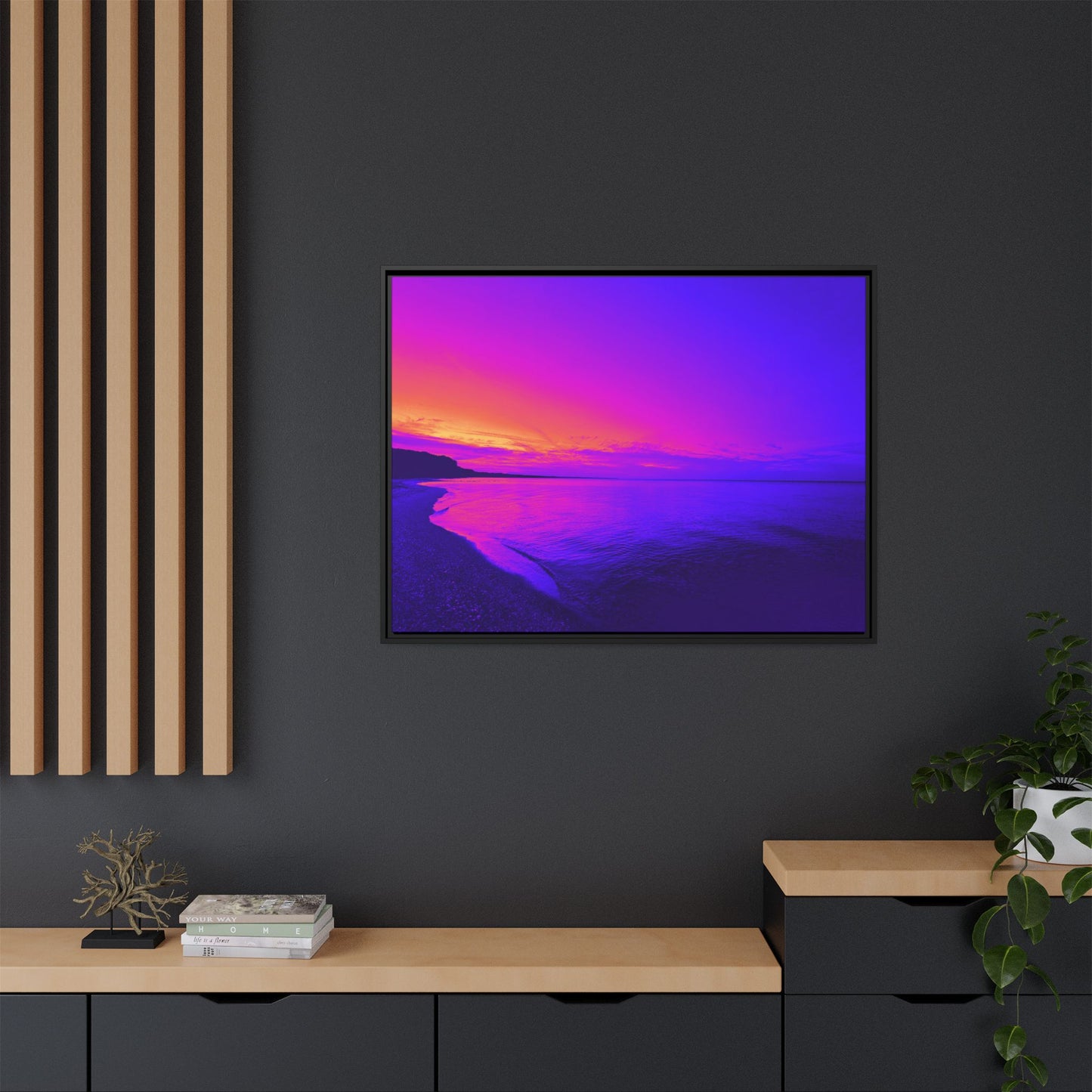 "Lavishing Symmetry" Sunset Shore Matte Canvas Framed Wall Art — Vibrant Purple & Pink Beach Landscape