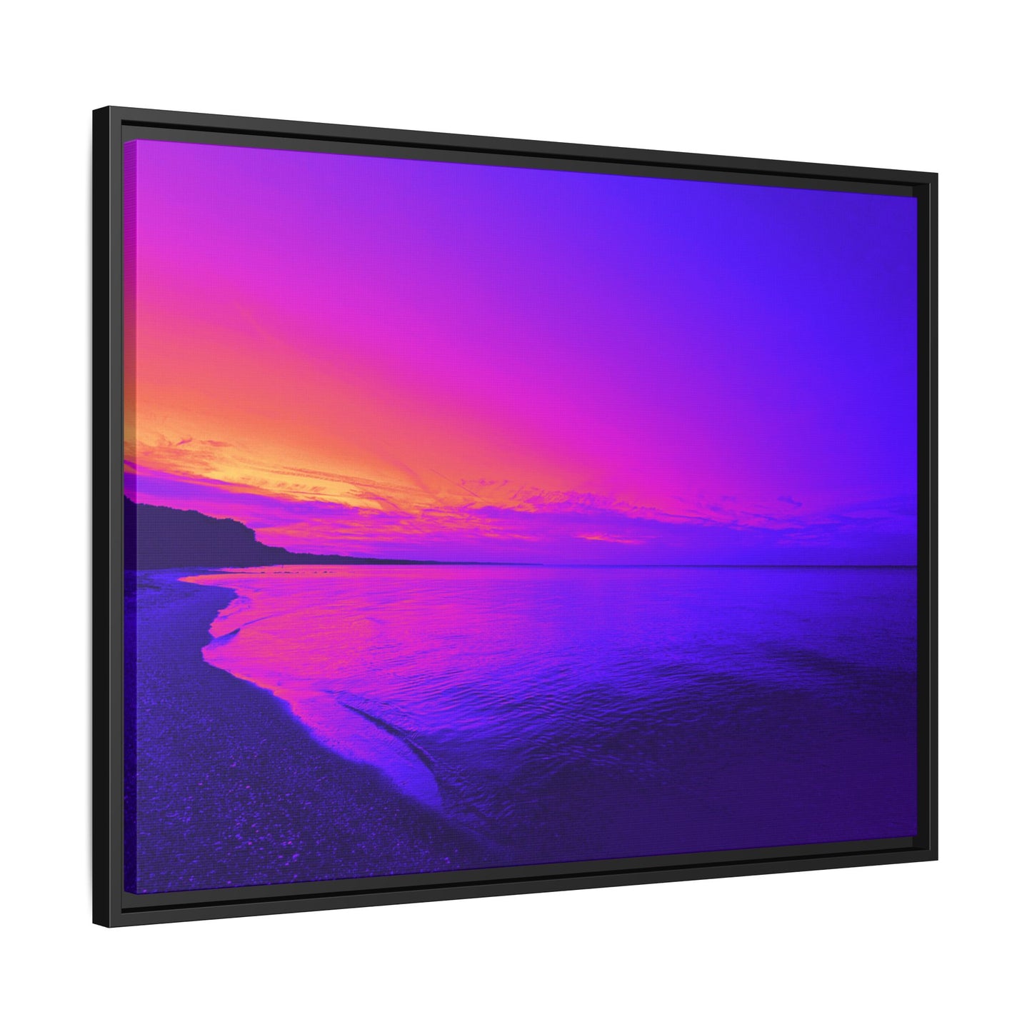 "Lavishing Symmetry" Sunset Shore Matte Canvas Framed Wall Art — Vibrant Purple & Pink Beach Landscape