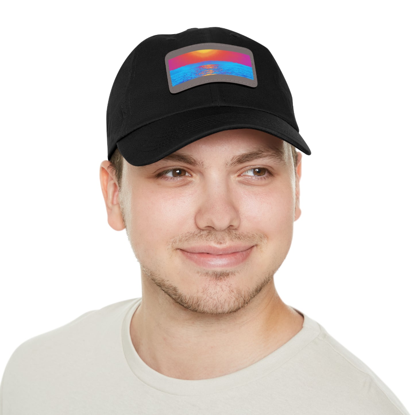 Sunset Ocean Leather Patch Dad Hat — Retro Vaporwave Beach Cap